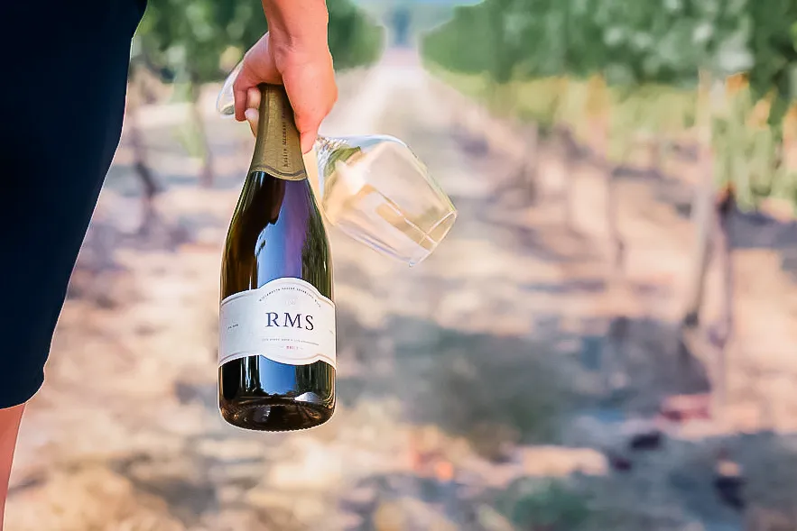 Hand holding a bottle and glass of ROCO Winery wine and walking through the vineyard